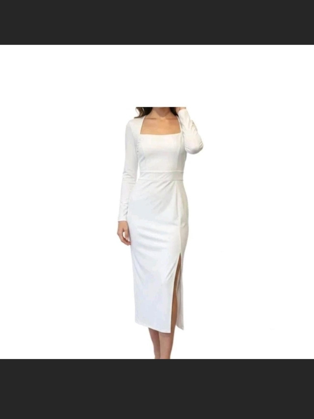 HALARA White Square-Neck Long Sleeve Maxi Dress with Side Slit